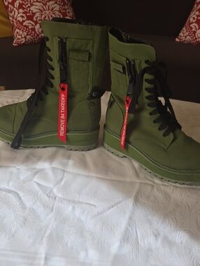Dolls Kill Olive Combat Boots with Red Zip Tags